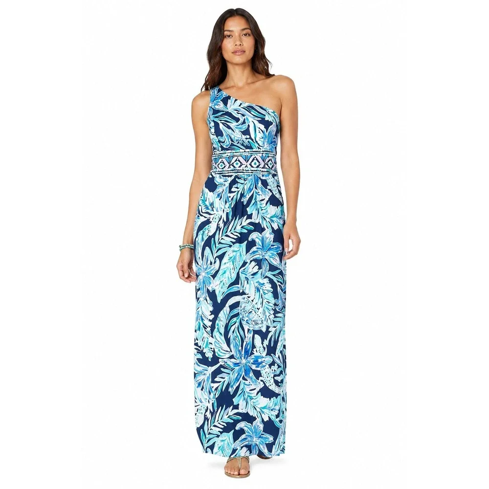 lilly pulitzer malia maxi dress Lilly Pulitzer NWT Malia Maxi Dress High Tide Navy Ready Set Gecko Size Medium